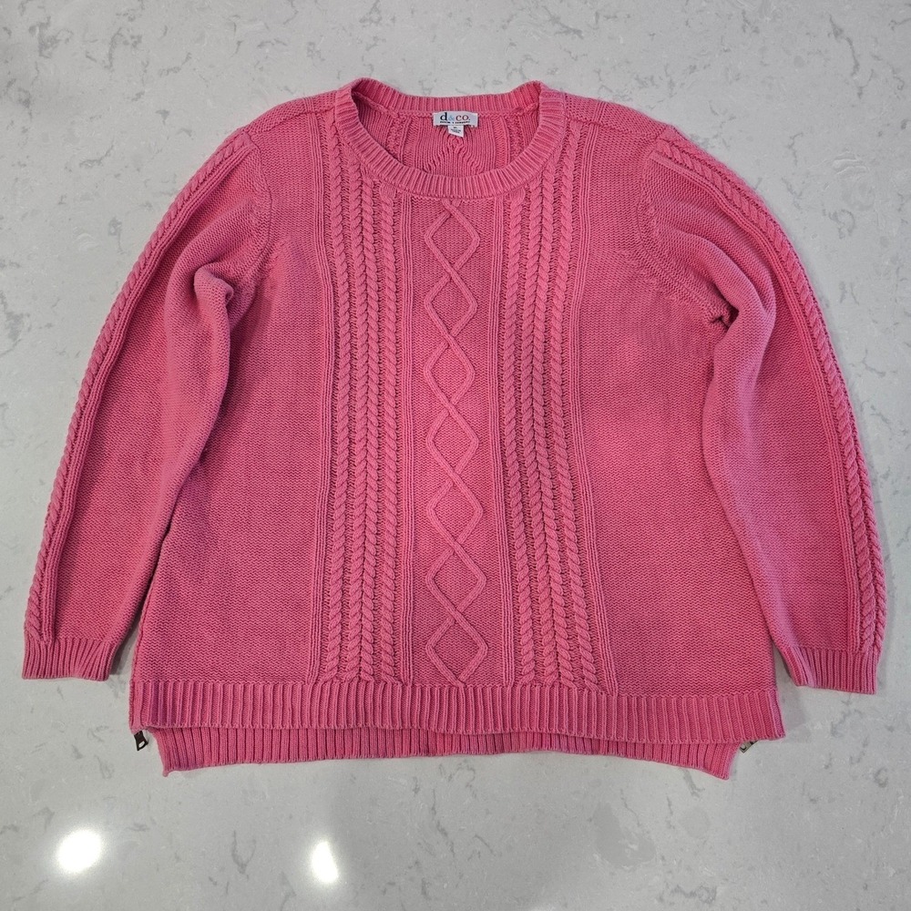Denim & Co Pink Cable Knit Crewneck Sweater XL Side Zip Preppy Cozy Fall